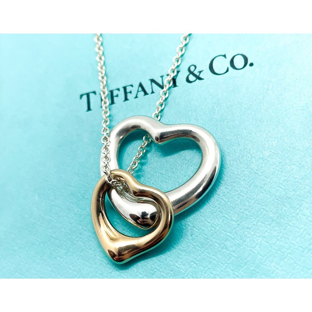 LARGE Tiffany & Co Elsa Peretti Double Open Heart Pendant Necklace 18k & Silver - Picture 12 of 13